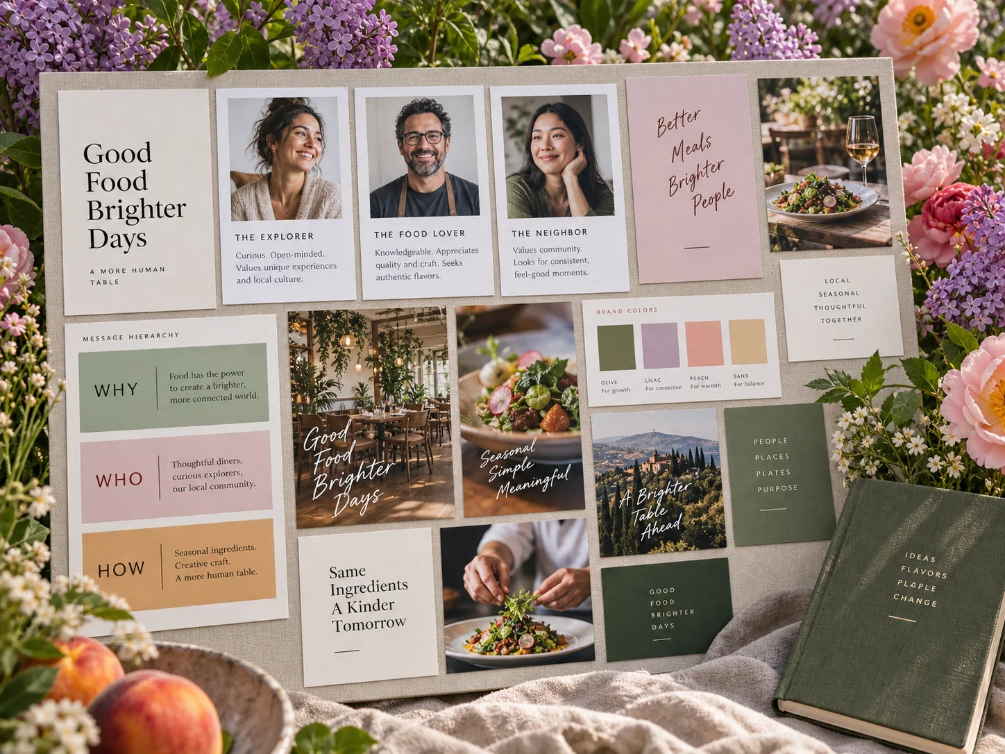 Illustrative brand planning scene with audience cards and color references