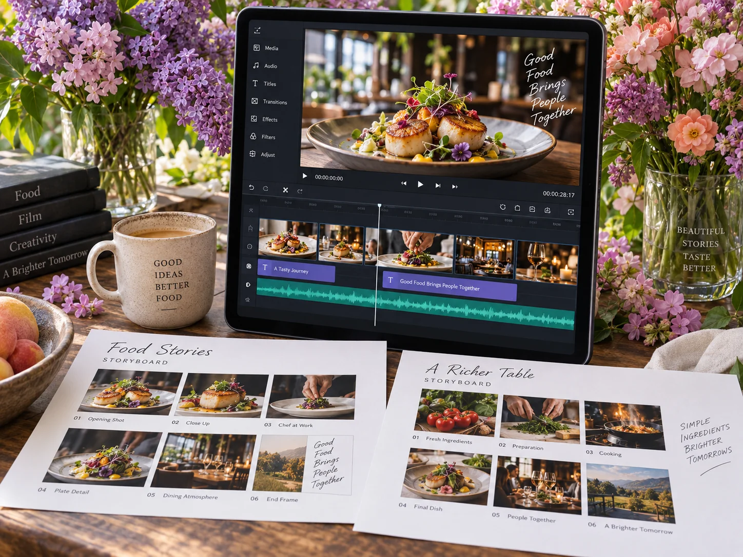 Illustrative video editing screen and storyboards among flowers