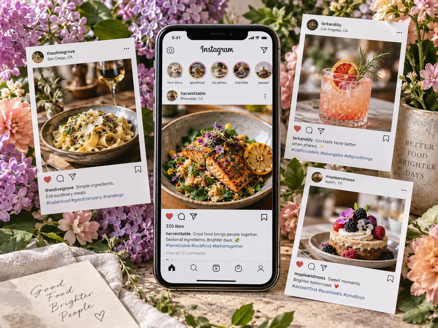 Illustrative phone and social post designs among flowers